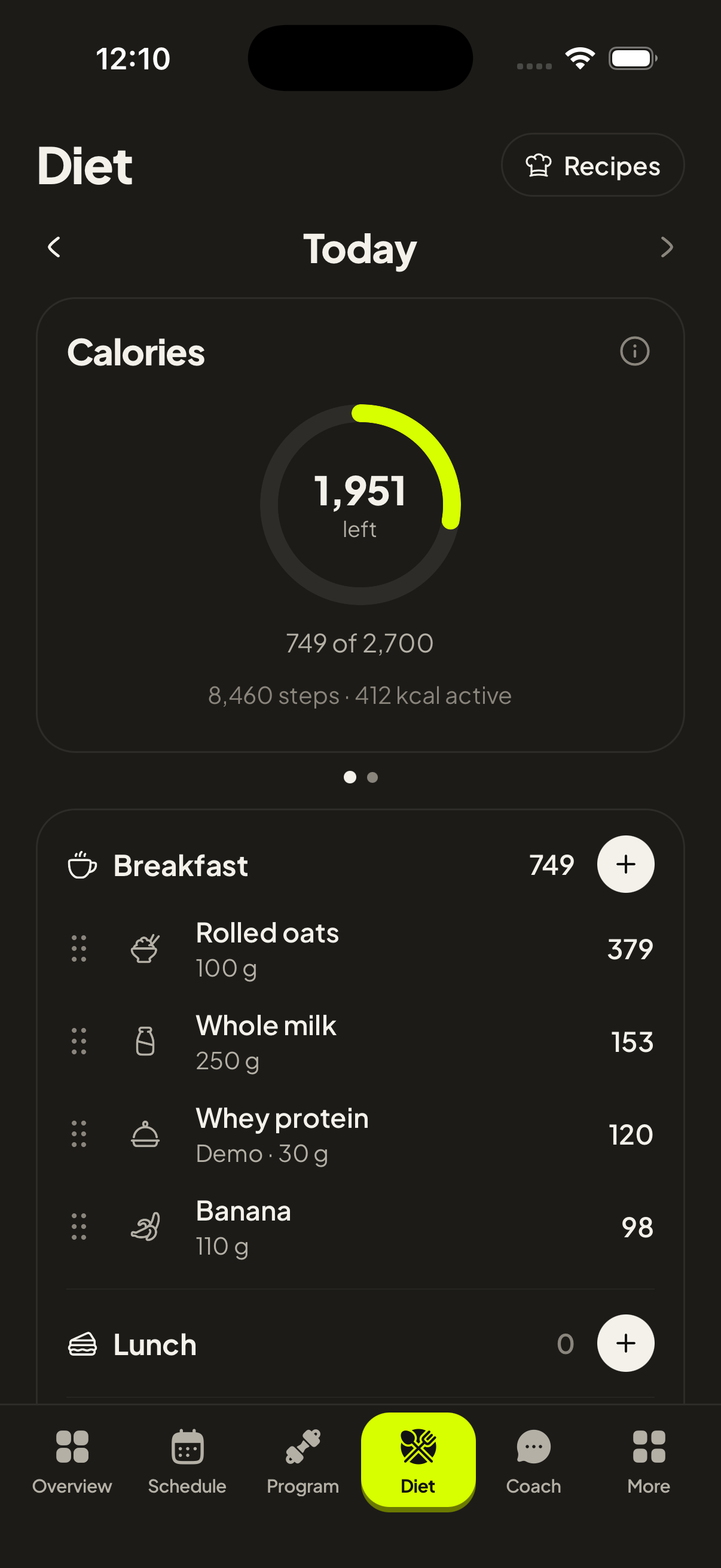 Diet screen in NoCoach