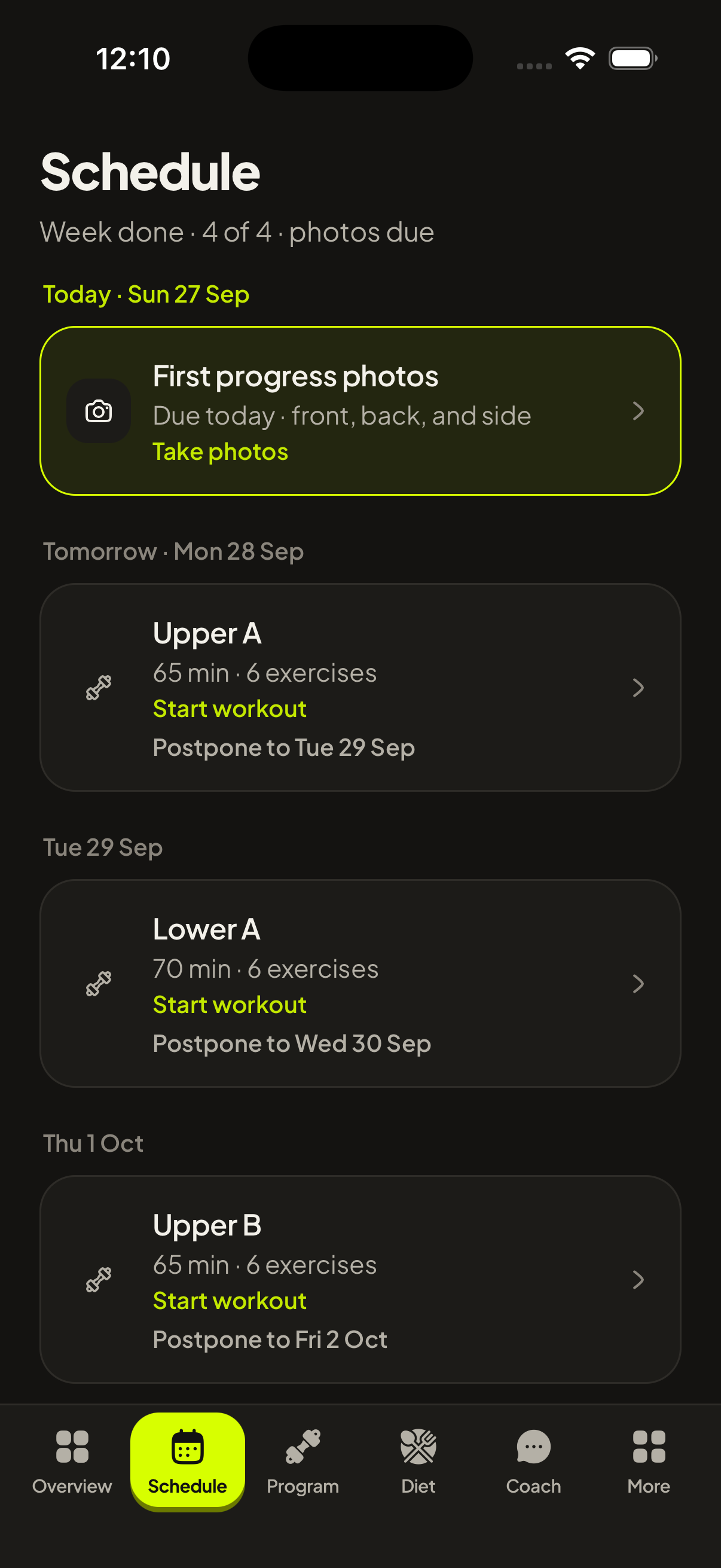 Schedule screen in NoCoach